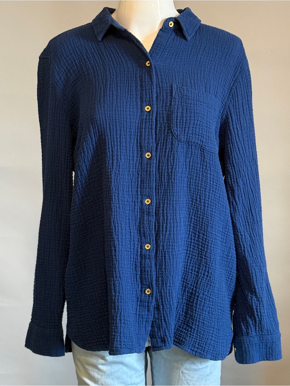 Women’s Navy Blue Textured Button-Up Shirt